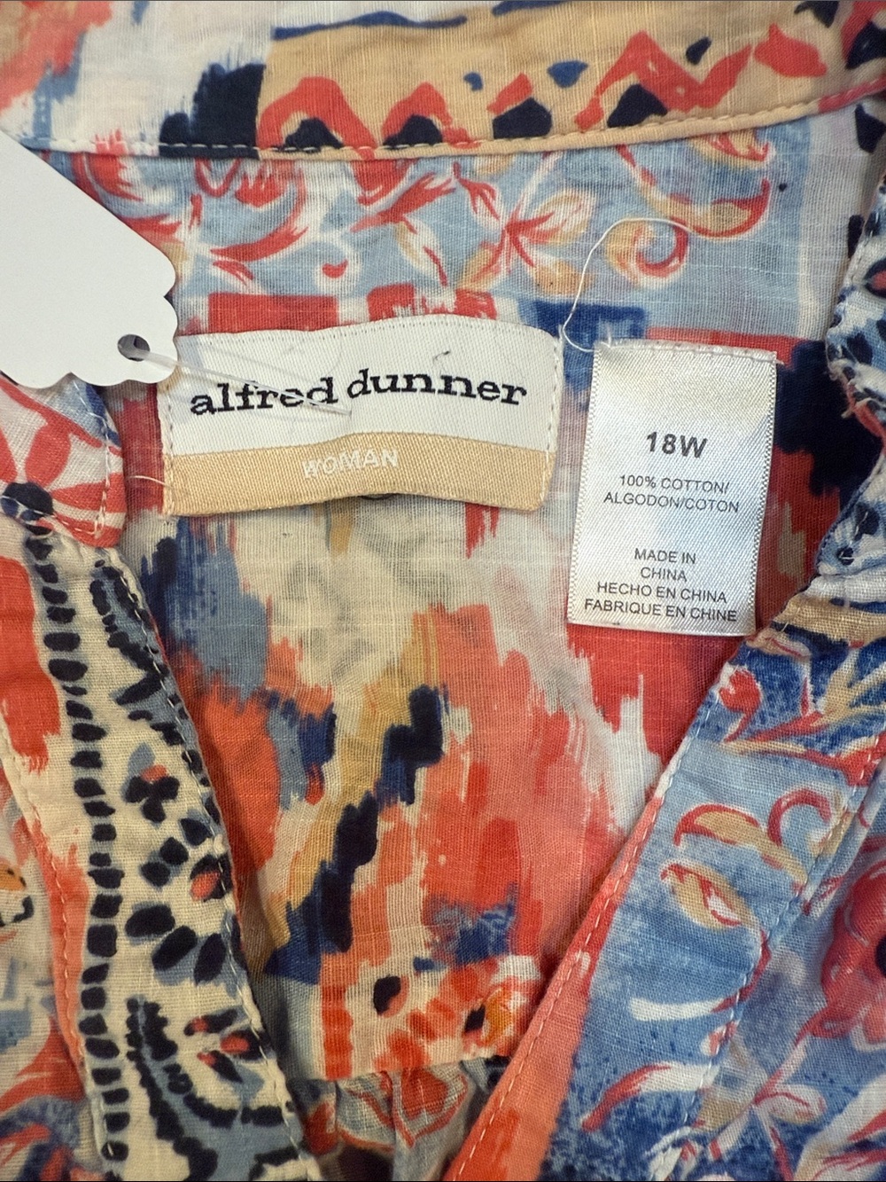 Alfred Dunner Coral, Blue & White Printed Button-Front Blouse - Picture 3 of 4